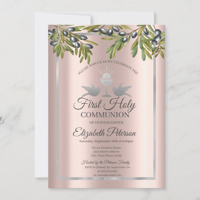 Olive Branch Rose Gold First Holy Communion  Invitation (Front)