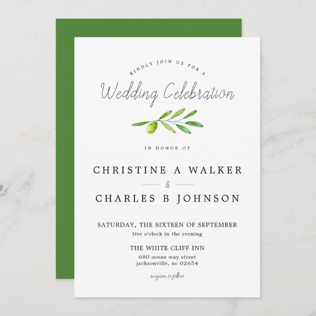 Olive Branch Script Classic Wedding Invitation (Front/Back)