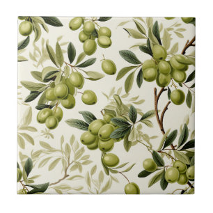 Olive Branch Watercolor Pattern Mediterranean Ceramic Tile