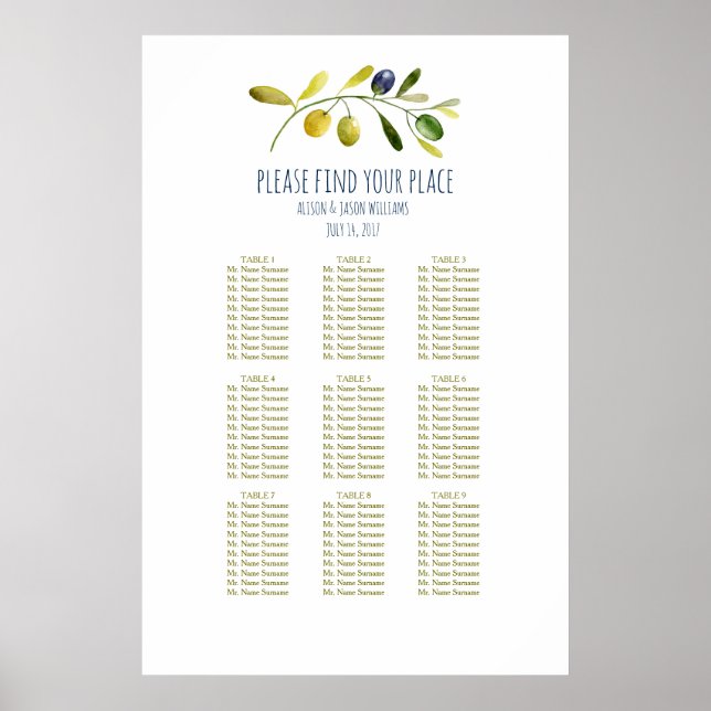 Olive branch wedding dinner seating chart (Front)