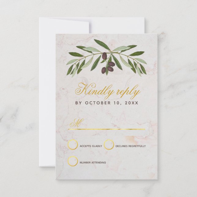 Olive Branch Wedding Elegant Script Faux Gold Foil RSVP Card (Front)