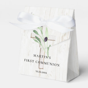 Olive branch white wood cross First Communion  Favour Box