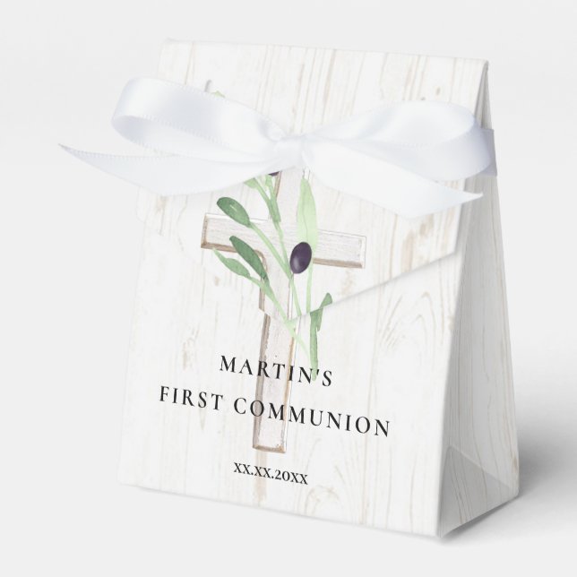 Olive branch white wood cross First Communion  Favour Box (Front Side)