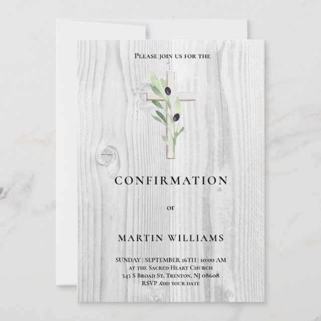 Olive branch wood Cross Confirmation Invitation (Front)