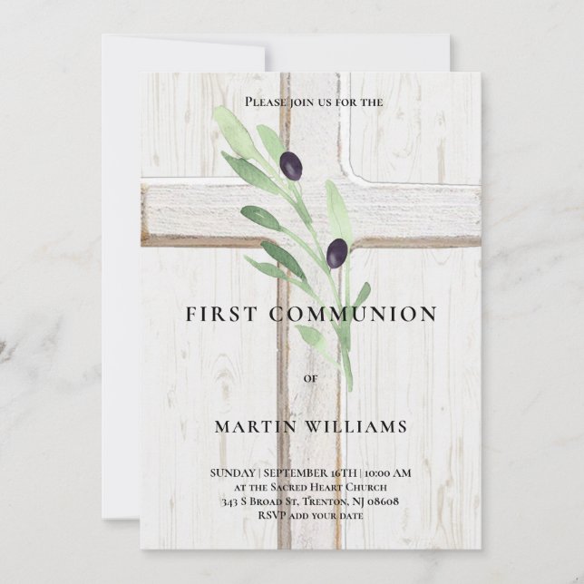 Olive branch wood Cross First Holy Communion Invit Invitation (Front)