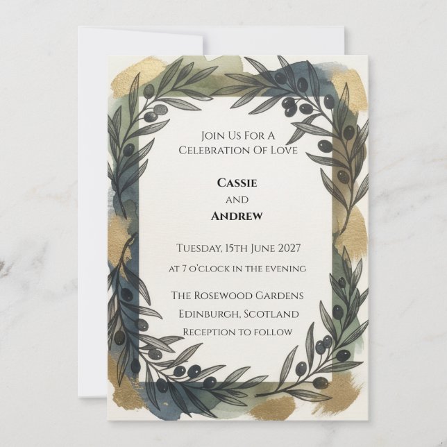 Olive Branch Wreath Wedding Invitation (Front)