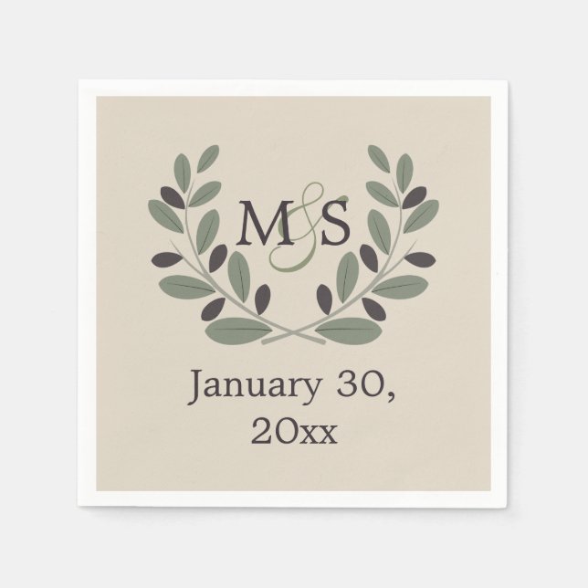 Olive branch wreath with initials wedding napkin (Front)