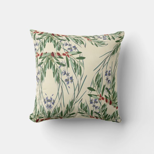 Olive Branches and Blue FlowersThrow Pillow 16x16 (Front)