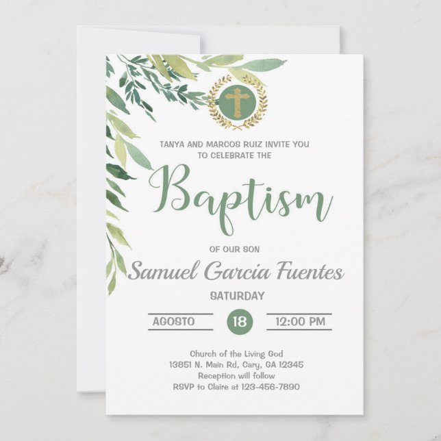 Olive branches and leaves Baptism invitation. Invitation (Front)