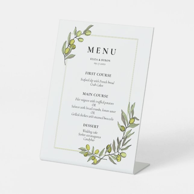 Olive branches frame wedding menu pedestal sign (Front)