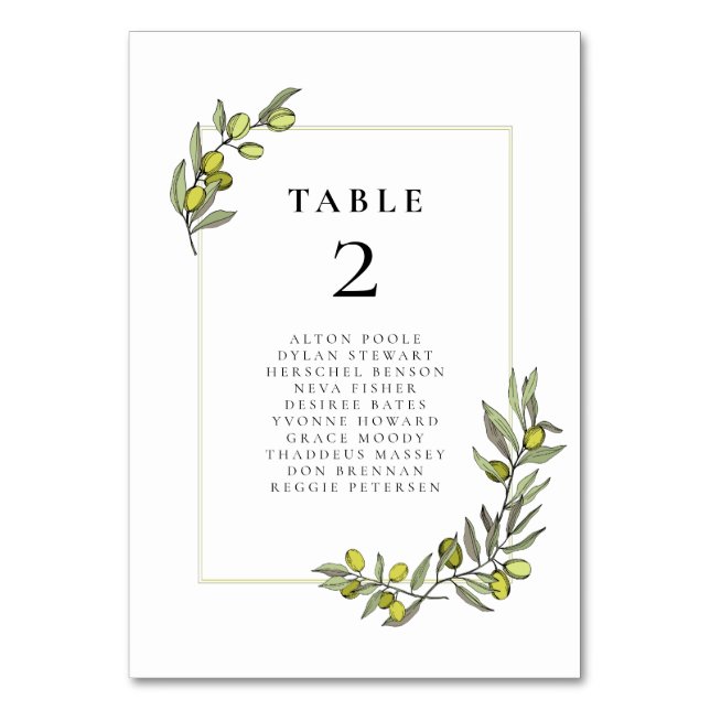 Olive branches frame wedding seating chart cards (Front)