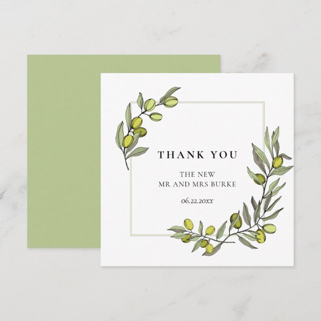 Olive branches frame wedding thank you card (Front/Back)