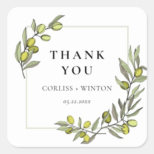Olive branches frame wedding thank you square sticker (Front)