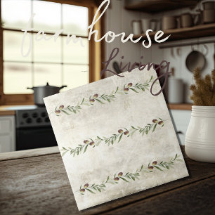 Olive & Branches in Rustic Watercolors Ceramic Tile