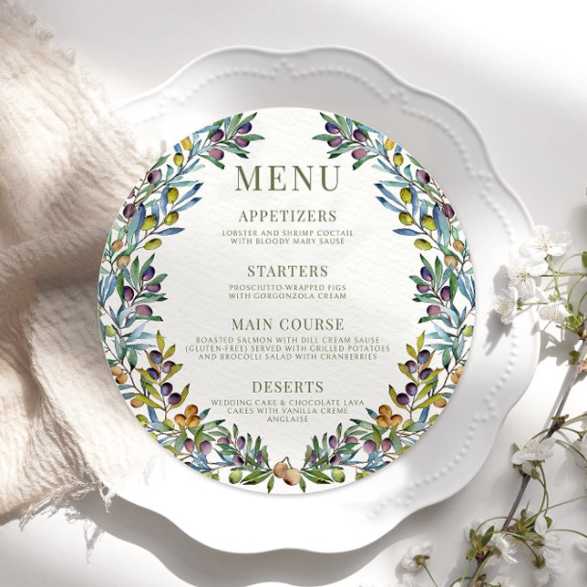 Olive branches Italian boho round Menu Card Plate (Creator Uploaded)