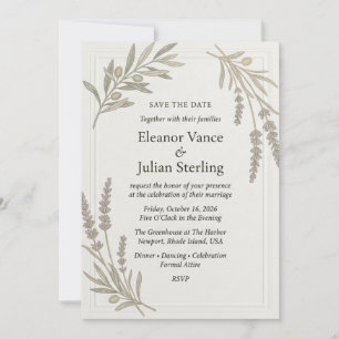 Olive Branches, Lavender Sprigs, Panelled Border F Invitation