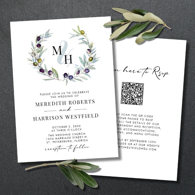 Olive Branches Monogram Wreath Wedding Invitation (Wedding Invitation QR Code RSVP Olive Branch Wreath Monogram Logo Ampersand White)