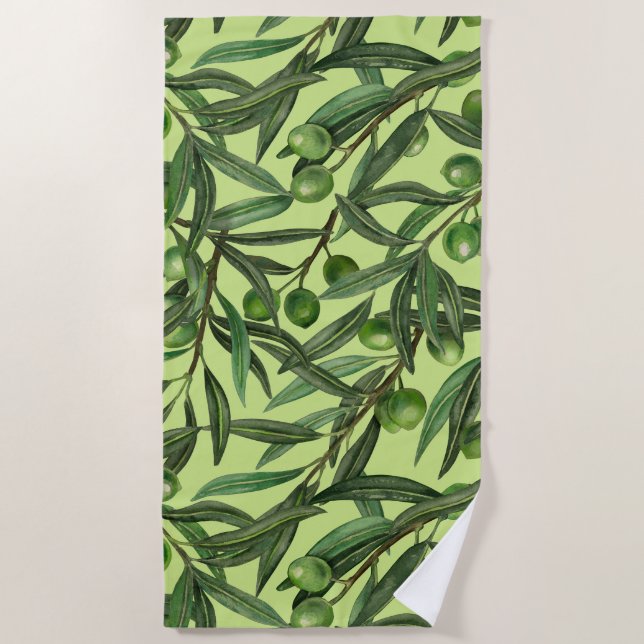 Olive branches on honeydew green beach towel (Front)
