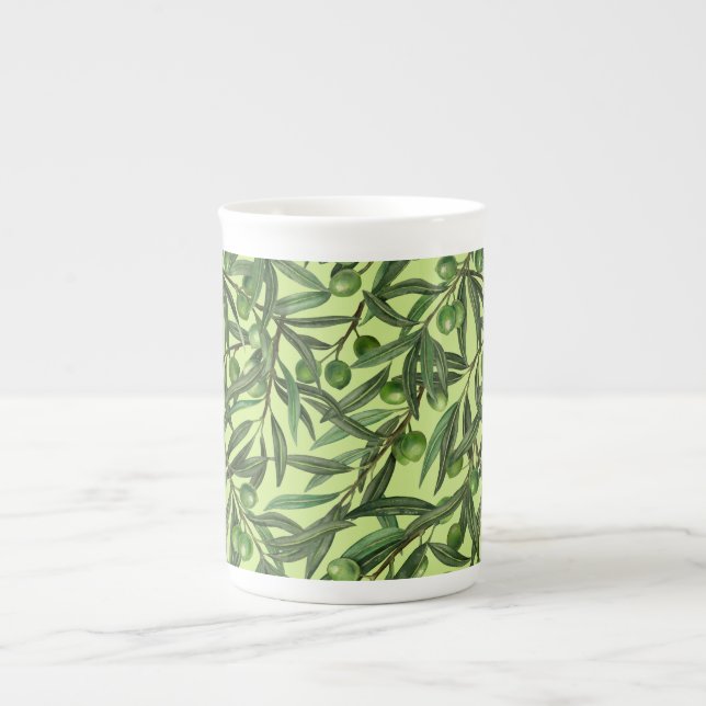 Olive branches on honeydew green bone china mug (Front)
