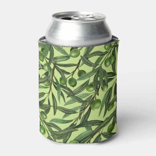 Olive branches on honeydew green can cooler (Can Front)