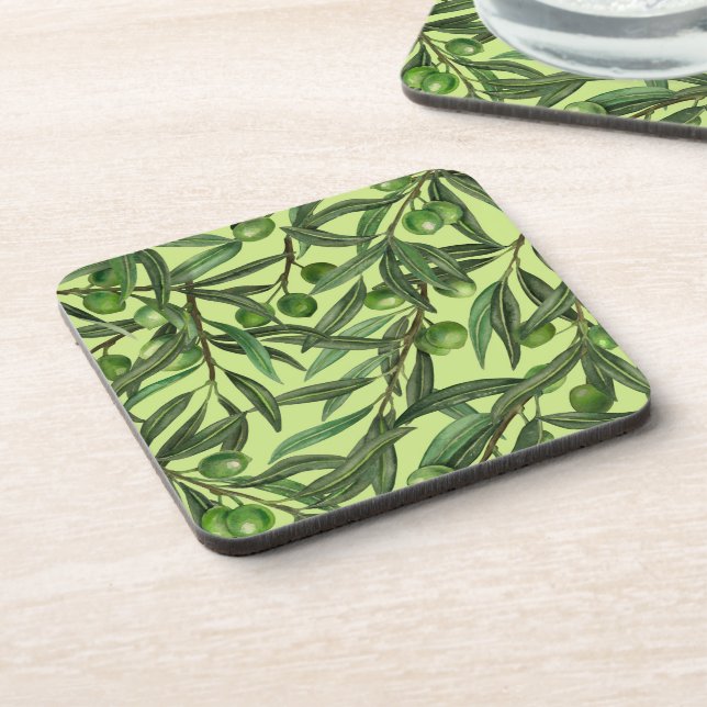 Olive branches on honeydew green coaster (Left Side)