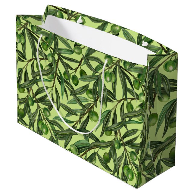 Olive branches on honeydew green large gift bag (Back Angled)