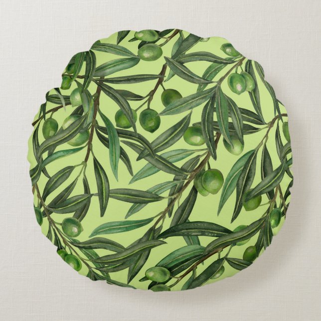 Olive branches on honeydew green round cushion (Front)