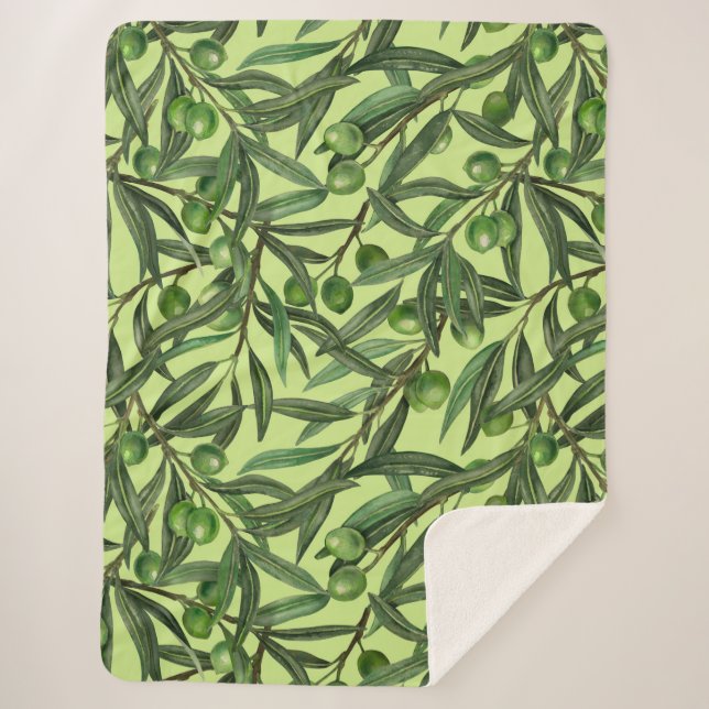 Olive branches on honeydew green sherpa blanket (Front)