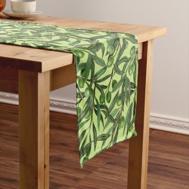 Olive branches on honeydew green short table runner (In Situ)