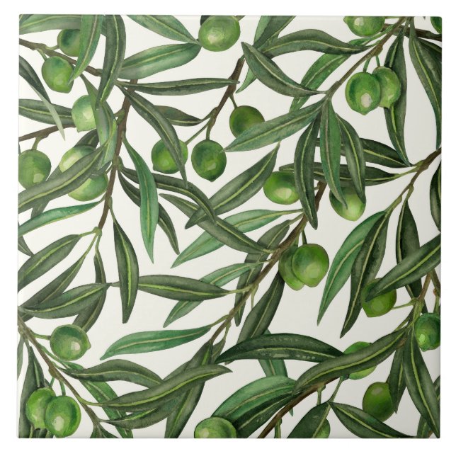 Olive branches on off white ceramic tile (Front)