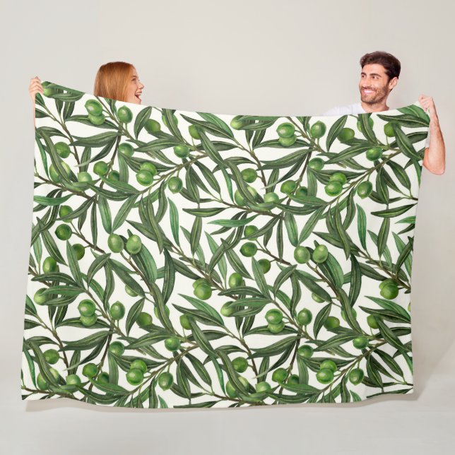 Olive branches on off white fleece blanket (In Situ)