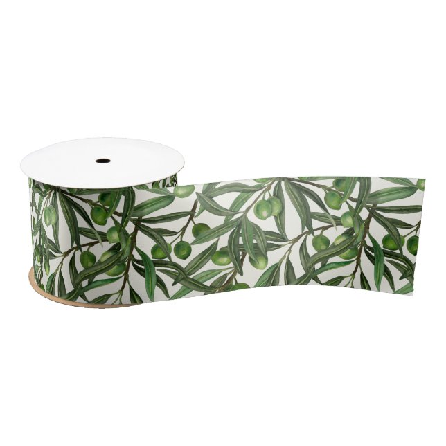 Olive branches on off white satin ribbon (Spool)