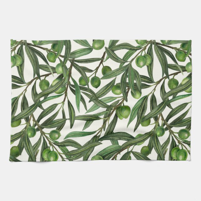 Olive branches on off white tea towel (Horizontal)