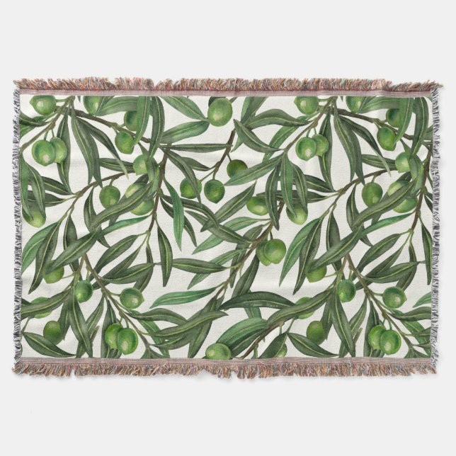 Olive branches on off white throw blanket (Front)