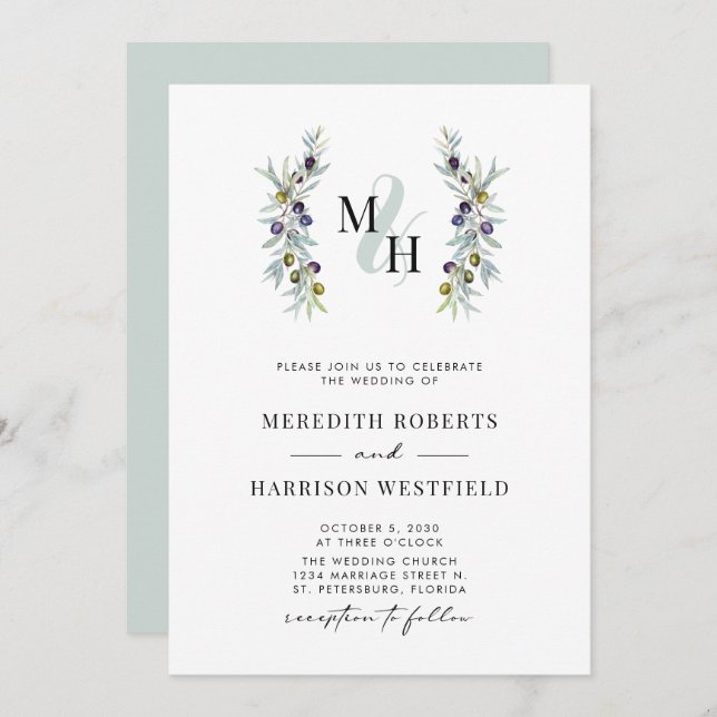 Olive Branches Symbol of Love Monogram Wedding Invitation (Front/Back)