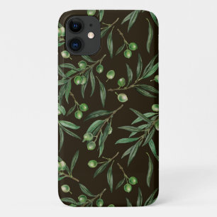 Olive branches watercolor on black iPhone 11 case