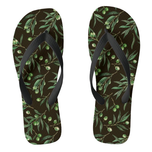 Olive branches watercolor on black thongs (Footbed)