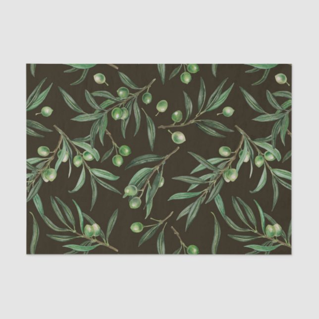 Olive branches watercolor on black tissue paper (Front)