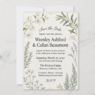 Olive Branches, White Bougainvillea, Lavender, Ros Invitation