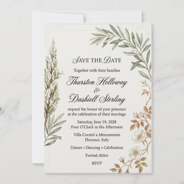 Olive Branches, White Wildflowers, Embossed Corner Invitation (Front)