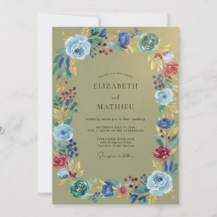 Olive Cobalt Wildflower Wedding Invitation