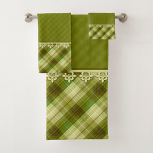 Olive colour patchwork, olive plaid, green patchwo bath towel set