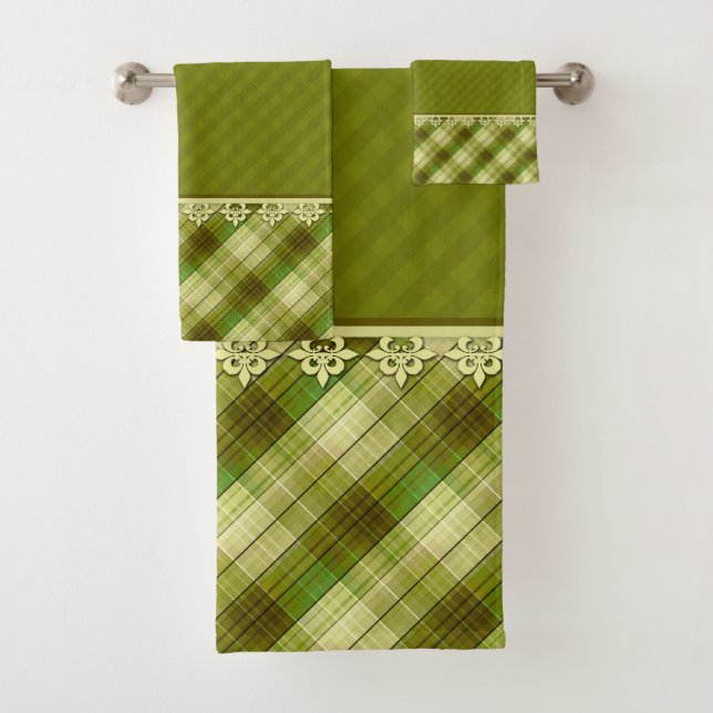 Olive colour patchwork, olive plaid, green patchwo bath towel set (Insitu)