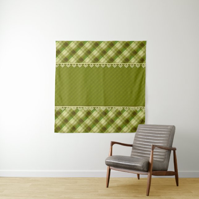 Olive colour patchwork, olive plaid, green patchwo tapestry (In Situ)