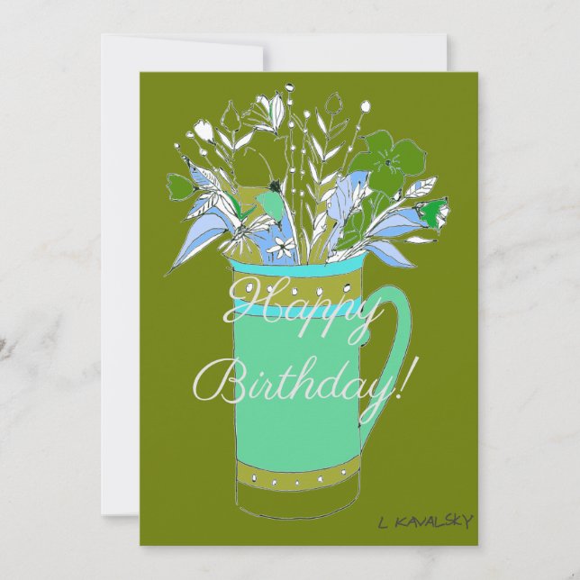 Olive Colourful Happy Birthday Flowers In Mug  Holiday Card (Front)