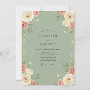 Olive Coral Blossom Wedding Invitation