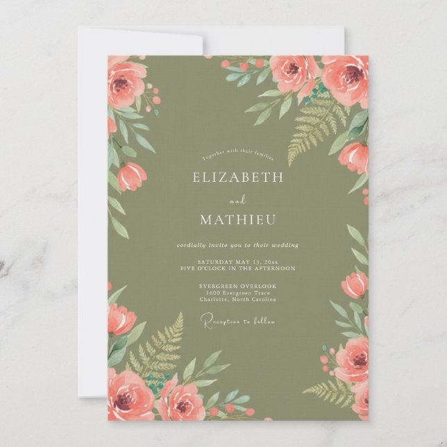 Olive Coral Fern Wedding Invitation (Front)