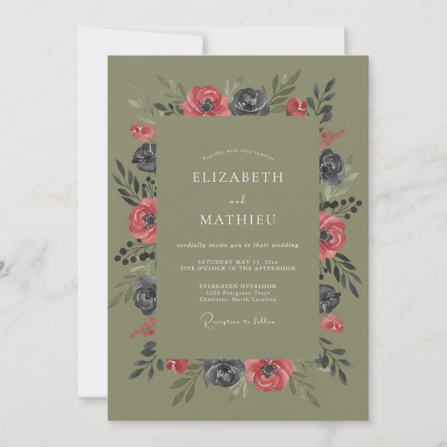 Olive Coral Watercolor Wedding Invitation (Front)