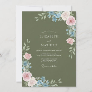 Olive Cornflower Ranunculus Eucalyptus Wedding Invitation