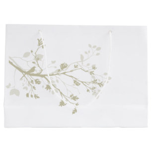 Olive Cream and White Bird Branches Large Gift Bag